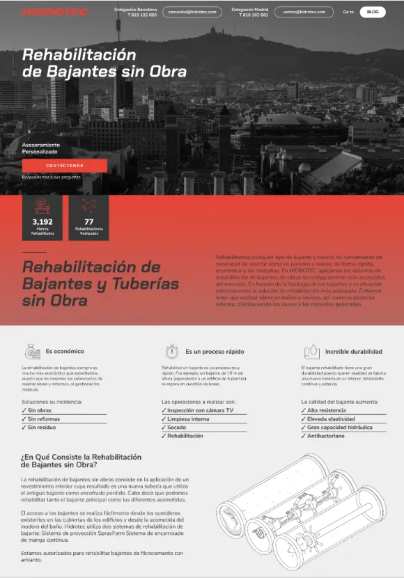 Landing page de Hidrotec Sanejament ejemplo de estructura de una landing page